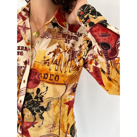 90s vintage panhandle western cowboy rodeo graphic music print button up shirt - Picture 7 of 10